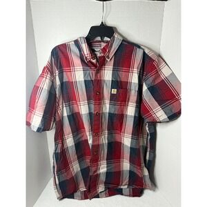 Carhartt Mens Relaxed Fit Plaid Short Sleeve Button Up Shirt XL Red Blue White